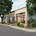 Modern Shopping Mall Store Exterior With Large Windows Circular Decor Green Plants And Front Trees