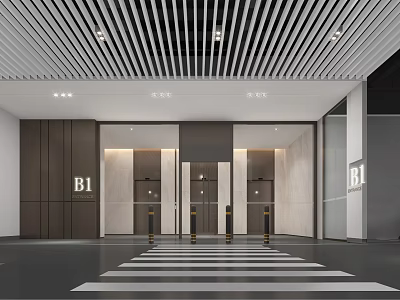 Modern Parking Garage B1 Level Entrance With Turnstiles And Sleek Ceiling Lighting Design 3d model
