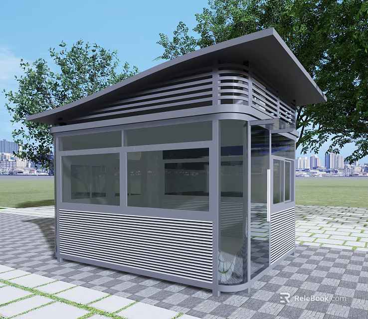 Modern Outdoor Security Booth With Glass Walls Metal Structure And Green Surroundings 3d model 