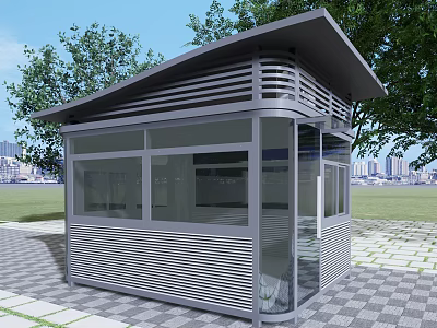 Modern Outdoor Security Booth With Glass Walls Metal Structure And Green Surroundings 3d model
