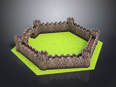 Hexagonal Medieval Castle Wall 3D Model With Green Grass Interior And Towers 3d model