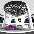 Luxury Car Showroom Interior Featuring Lamborghini Logo Sports Cars And Modern Ceiling
