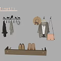 Stylish Wall Hooks on Gray Wall with Scarves Hat Coat Handbag Wooden Shelf and Shoes