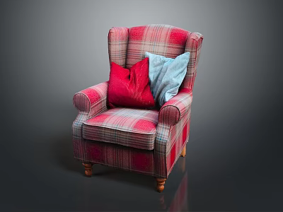 Plaid Upholstered Armchair With Red And Blue Pillows And Wooden Legs 3d model