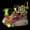 Cartoon Scene With Mechanical Robot Hanging Lantern Wooden Shelves Colorful Bottles Railway Track And Rocks