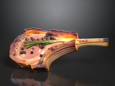 Juicy Roasted Bone In Rib Steak With Rosemary And Black Peppercorns On Dark Background 3d model