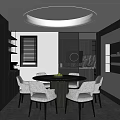 Modern Restaurant Interior With Round Dining Table Gray Chairs Black Cabinets And Round Ceiling Light