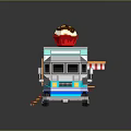 Colorful Food Truck With Large Cupcake On Top Wooden Steps And Blue Stripes