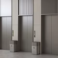 Modern Elevators In Hallway With Panel Controls Trash Bins And Vertical Striped Walls