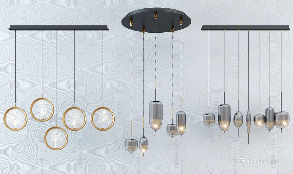 Modern Pendant Lights With Black Ceiling Base Circular Gold Frames And Cylindrical Shades 3d model