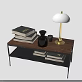 Two Tier Wooden Top Coffee Table With Black Metal Frame Decorative Books Lamp And Vase