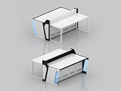 Modern White Office Desk With Black Accents Blue Details And Storage Cabinets 3d model