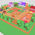 Colorful Cartoon Farm Scene Featuring Houses Barn Trees Animals Trucks Fences And Crops