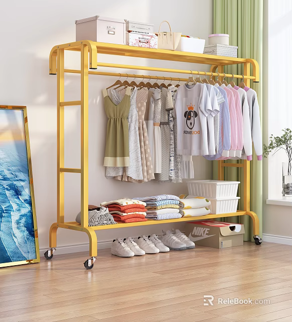 Gold Rolling Clothing Rack With Hanging Folded Clothes And Shoes 3d model 