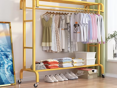 Gold Rolling Clothing Rack With Hanging Folded Clothes And Shoes 3d model