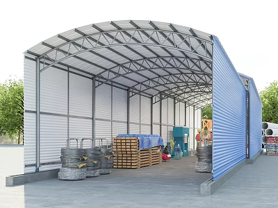 Blue And White Warehouse Storage Shelter With Stacked Wooden Pallets Barrels And Equipment 3d model