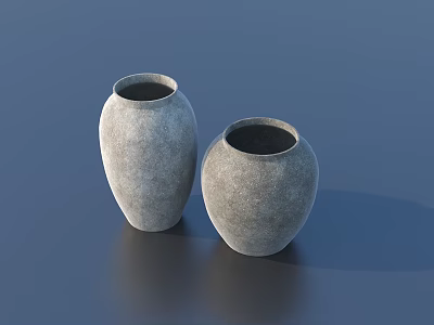 Elegant Two Gray Ceramic Vases With Textured Surface On Dark Tabletop 3d model