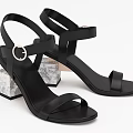 Women's Black Leather Sandals With Geometric Marble Heel Ankle Strap And Metal Buckle