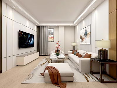 Modern Hotel Guest Room Interior With White Sofa Coffee Table TV Cabinet And Decorative Painting 3d model