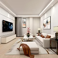 Modern Hotel Guest Room Interior With White Sofa Coffee Table TV Cabinet And Decorative Painting