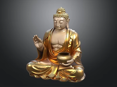 Golden Buddha Statue In Sitting Posture Holding Bowl With Detailed Design 3d model