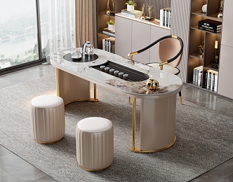 Modern Light Luxury Marble Tea Table and Chair Combination Tea Table Rock Plate Tea Table Tea Table Tea Tray Tea Set Backrest Chair Sofa Stool 3d model