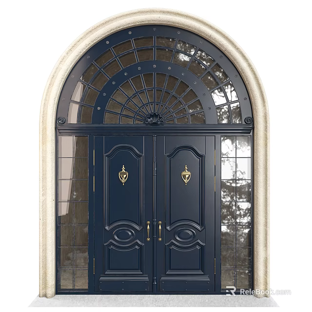 Dark Blue Double Entrance Door With Golden Decorations And Arched Glass Top 3d model 
