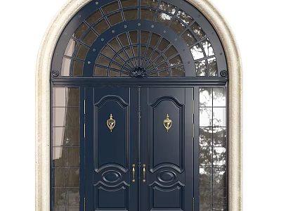 Dark Blue Double Entrance Door With Golden Decorations And Arched Glass Top 3d model