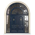 Dark Blue Double Entrance Door With Golden Decorations And Arched Glass Top