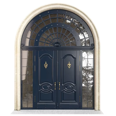 Dark Blue Double Entrance Door With Golden Decorations And Arched Glass Top 3d model