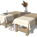Wooden Frame Massage Beds with White Beige Linens and Side Table Dried Pampas Vase