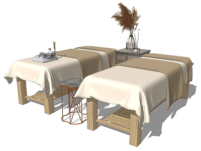 Wooden Frame Massage Beds with White Beige Linens and Side Table Dried Pampas Vase 3d model