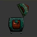 Open Decorative Storage Chest With Green Red Accents And Gold Coins Inside