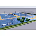 Basketball Gymnasium With Two Courts Blue Yellow Flooring And Seating Areas