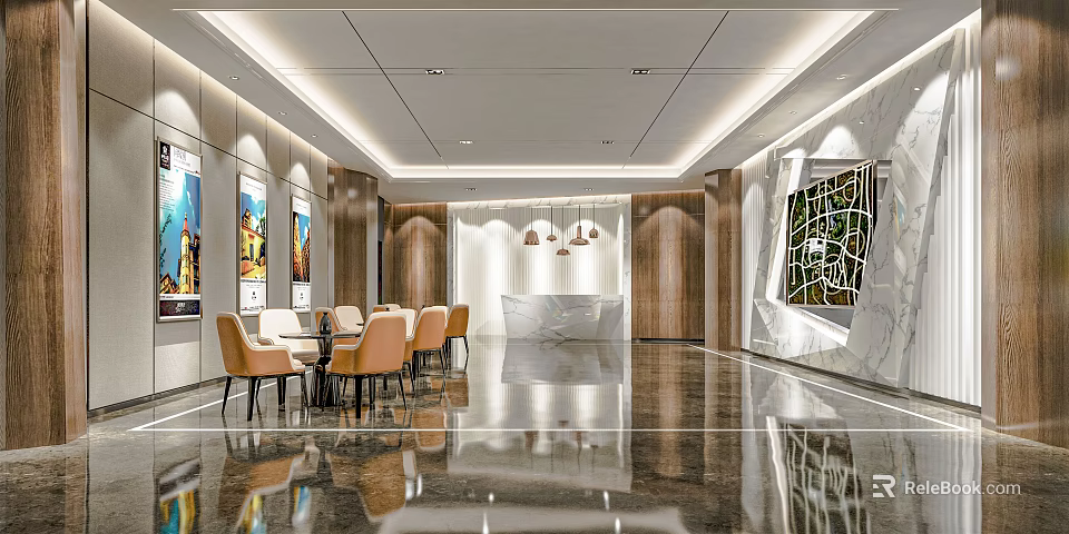 Modern Front Desk Reception Interior With Marble Counter Wooden Walls Pendant Lights And Art Decor 3d model 
