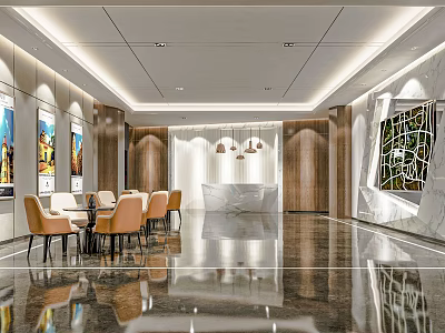 Modern Front Desk Reception Interior With Marble Counter Wooden Walls Pendant Lights And Art Decor 3d model