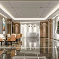 Modern Front Desk Reception Interior With Marble Counter Wooden Walls Pendant Lights And Art Decor