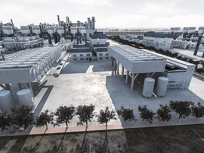 Modern Industrial Factory Complex With Storage Tanks Pipeline Systems And Workshop Buildings 3d model