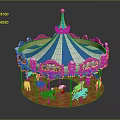 Ornate Carousel With Blue White Striped Canopy Golden Decorations And Colorful Horses