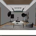 Professional Photography Studio Interior With Lighting Equipment Tripod Backdrop Coffee Table And Sofa