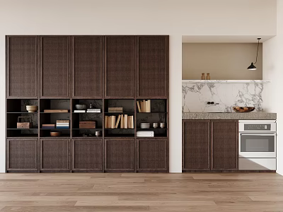 Dark Wood Modern Bookcase With Open Shelves Closed Cabinets Filled With Books Decorative Items 3d model