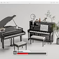 Musical Instruments and Art Supplies Featuring Black Grand Upright Pianos Stools Sheet Music and Plants