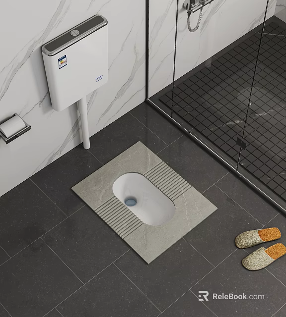 Squat Toilet in Modern Bathroom with Gray Tiled Floor White Marble Wall and Slippers 3d model 
