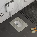 Squat Toilet in Modern Bathroom with Gray Tiled Floor White Marble Wall and Slippers