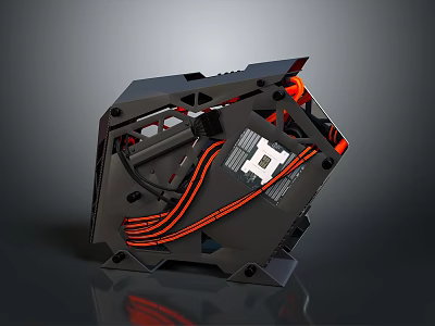 Black Gaming Computer Case With Red Cables And Internal Motherboard Structure Design 3d model