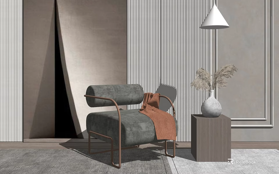 Gray Single Sofa With Metal Frame And Orange Throw In Modern Living Space 3d model 