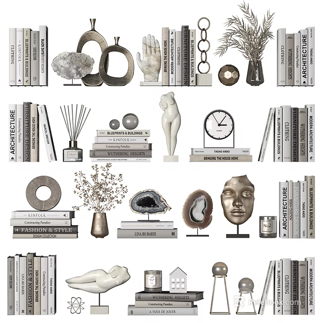 Stylish Decorative Ornaments Set With Sculptures Stacked Books Vases Clock Shells And Geometric Decor 3d model 