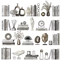 Stylish Decorative Ornaments Set With Sculptures Stacked Books Vases Clock Shells And Geometric Decor