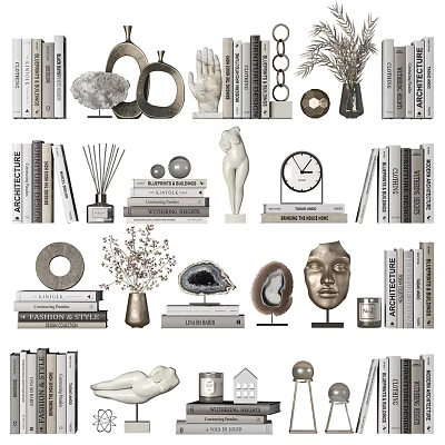 Stylish Decorative Ornaments Set With Sculptures Stacked Books Vases Clock Shells And Geometric Decor 3d model