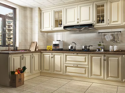 Modern White Kitchen Cabinets With Countertop Appliances Tiled Walls Window And Fresh Fruits 3d model
